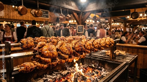 Golden brown rotisserie chickens roasting over an open fire at a traditional Bavarian beer festival with festive crowds