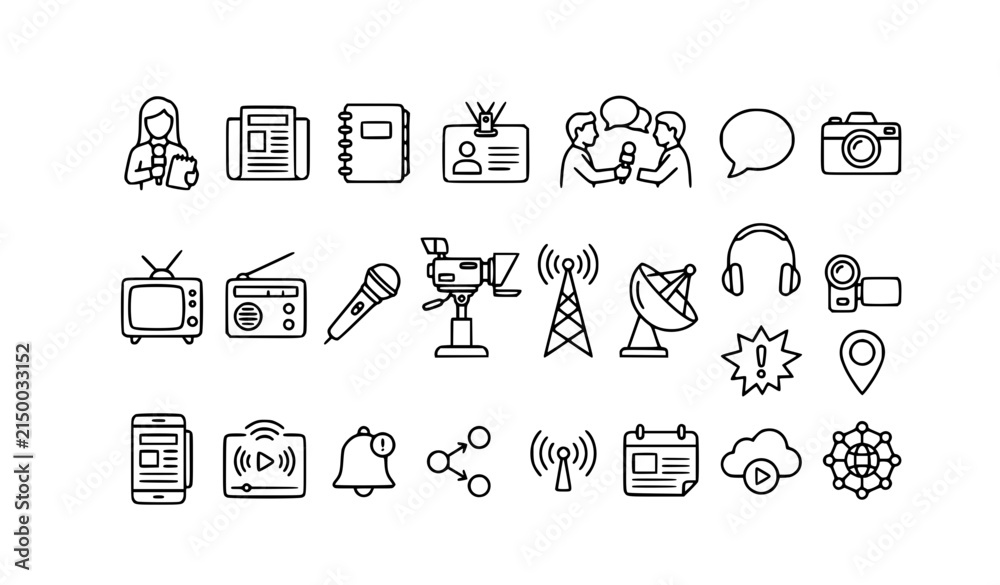 Fototapeta premium Live News and Broadcasting Line Icon Collection with TV Radio Journalism Streaming and Communication