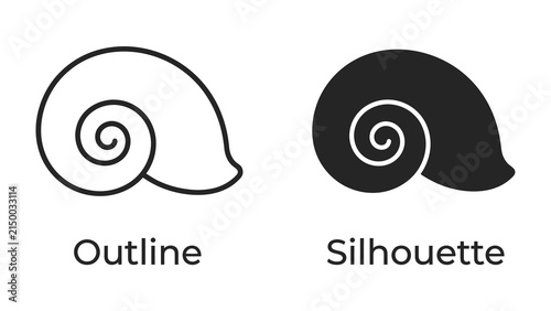Shell outline and silhouette: Two distinct representations of a snail shell, one a clean outline and the other a solid black silhouette, showcasing its iconic spiral form.