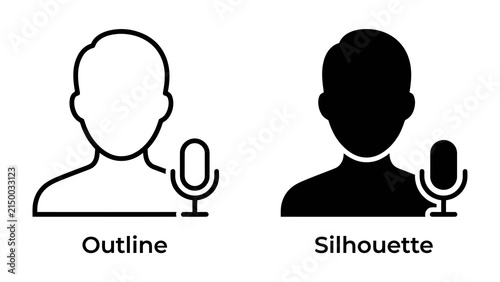 User Icon with Microphone: Two stylized representations of a user, one as an outline and the other as a silhouette, are depicted alongside a microphone icon, symbolizing voice or audio input.