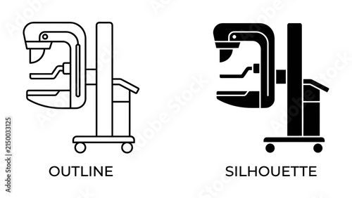 Mammography Machine Icon Set: A set of clear icons representing a mammography machine, featuring both outline and silhouette styles for medical technology or healthcare graphics.