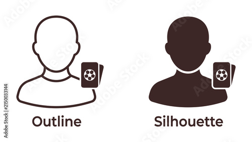 Soccer Player Icon: A clear outline and a solid silhouette icon represent a soccer player, each holding a card with a soccer ball emblem, symbolizing sports identity.