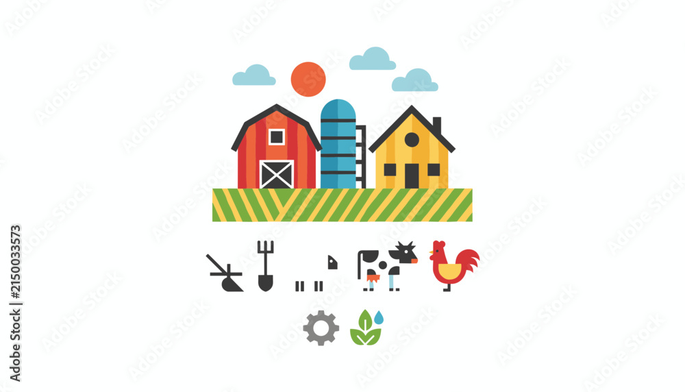 Fototapeta premium Agriculture concept vector illustration showcases red barn, blue silo, yellow farmhouse, crops, and farm animal icons.