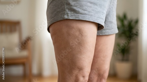 Close up of thigh skin texture showing cellulite dimples and unevenness