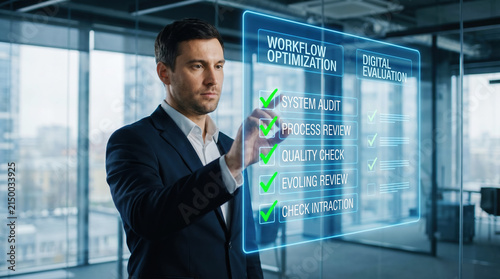 Professional businessman selecting items from a checklist on a display screen showing the workflow of the organization of system