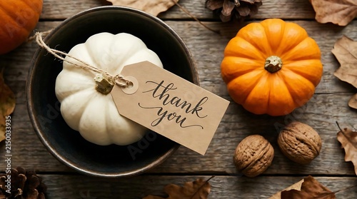 White pumpkin in bowl with thank you tag and autumn decor