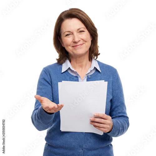 teacher woman holding papers presenting transparent background isolated friendly portrait offers blank documents with a welcoming gesture for education school information training and classroom