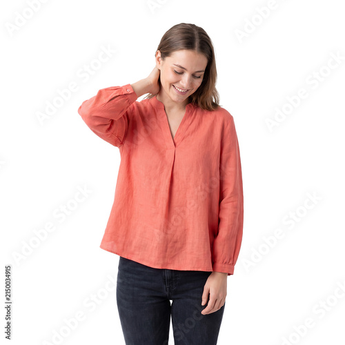 young woman shy embarrassed scratching neck transparent background isolated portrait looks down with a bashful smile for social awkwardness apology modesty uncertainty and emotional reactions