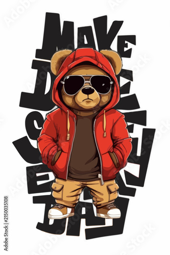 Cool Bear in Red Hoodie and Sunglasses Streetwear Art