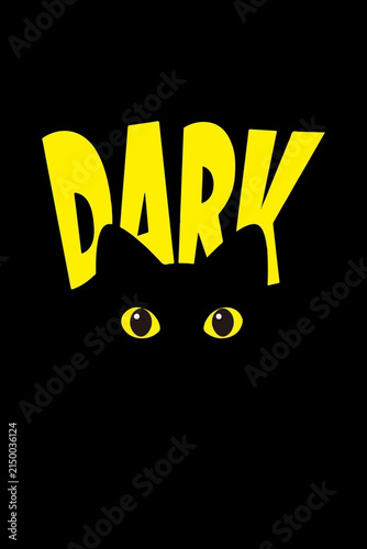 Dark Black Cat Face with Glowing Yellow Eyes and Typography