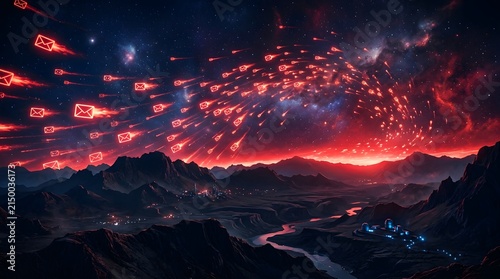 Surreal landscape with glowing red envelopes raining down like meteors over a mountain valley