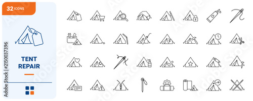 Tent Repair Web Icon Set in Linear Style. Collection of Camping Fix line icons, including patch repair, zipper fix, pole replacement, flysheet cover, seam seal, guyline tension and more.