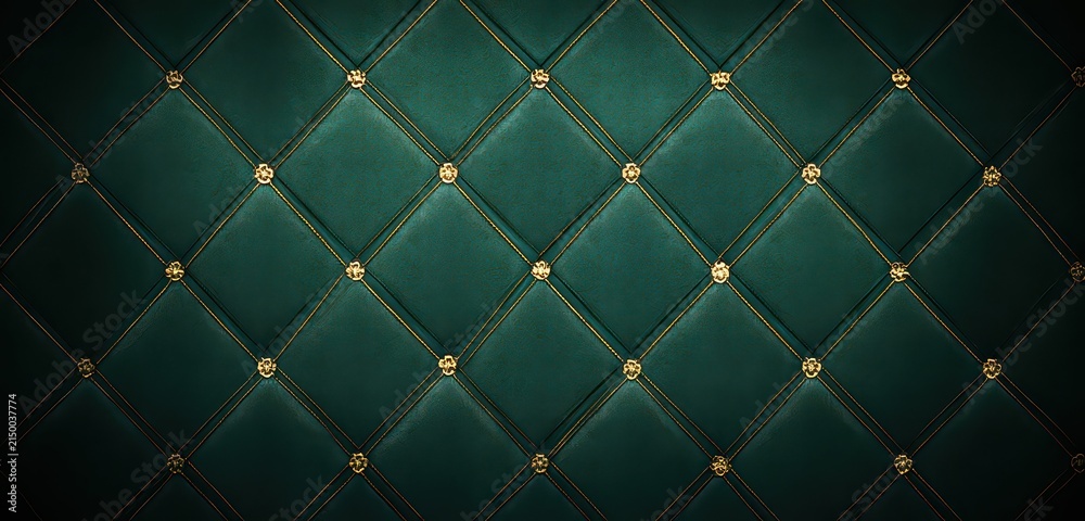 Fototapeta premium Luxurious deep teal quilted upholstery background with intricate thin gold diamond pattern and subtle texture evoking opulent elegance and rich detail ideal for premium design applications
