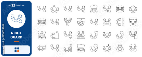 Mouth Guard Night Grinding Web Icon Set in Linear Style. Collection of Dental Guard line icons, including night guard, storage case, cleaning cup, bite tray, moon star, sleep shield and more.