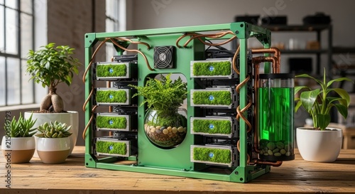 Eco-friendly futuristic solarpunk custom-built computer server rig with living green moss and a potted glass terrarium fern integrated into its design, constructed with a metallic green open-air