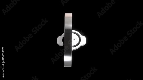 Rotating silver customer support icon with speech bubble and headphones on black background.