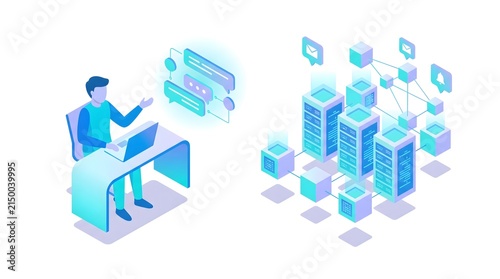 Artificial intelligence chatbot and cloud server isometric vector illustration with man working on laptop and data network