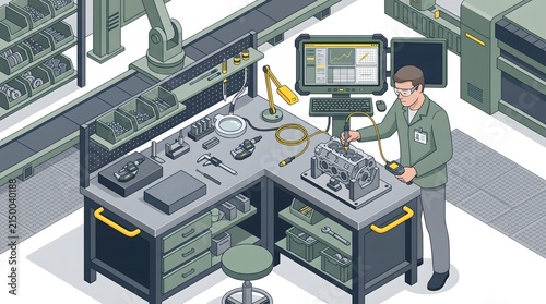 Factory quality control isometric vector illustration with engineer inspecting machine engine part at workstation