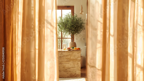 Cozy Sunlit Window with Sheer Curtains and Potted Olive Tree