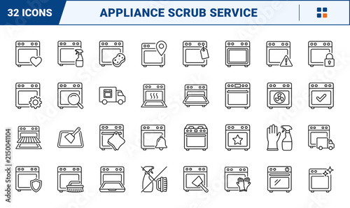 Oven Cleaning Web Icon Set in Linear Style. Collection of Appliance Maintenance line icons, including oven door, spray bottle, scrub brush, rack shelf, service truck, timer knob, spark mark and more.