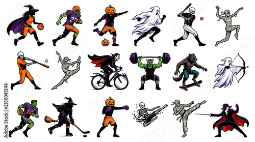 Halloween monster sports characters, 18 spooky athlete icons vector set, creepy creatures playing football and basketball isolated on White Background halloween