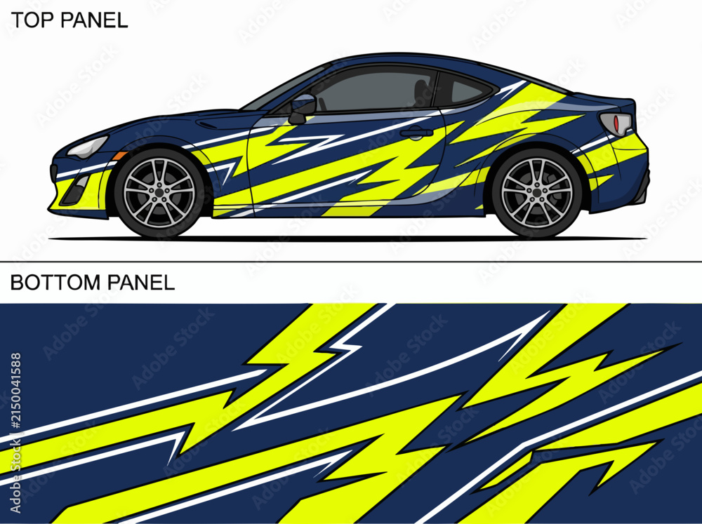 Fototapeta premium Blue sports car with yellow lightning bolt decals