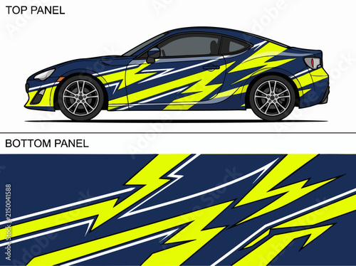 Blue sports car with yellow lightning bolt decals