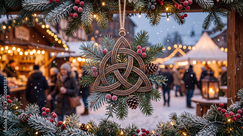 Obraz premium A festive scene of a Christmas market with snowy surroundings, glowing lights, and decorated evergreen branches framing a Celtic ornament