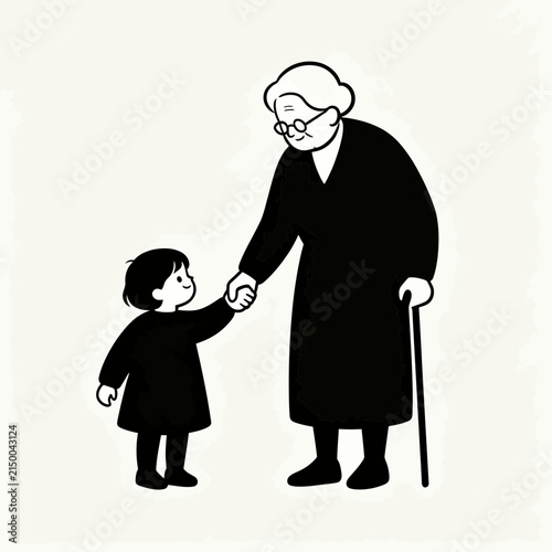 Silhouette of child and elderly woman holding hands black and white