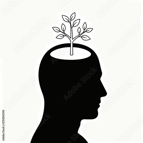 Human Head Silhouette With Sprouting Plant Black And White