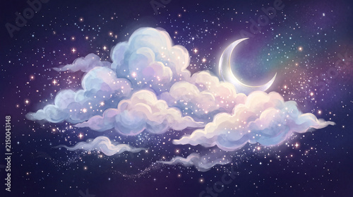 Dreamy clouds illuminated by subtle moonlight in a starry night sky, creating a serene and magical atmosphere
