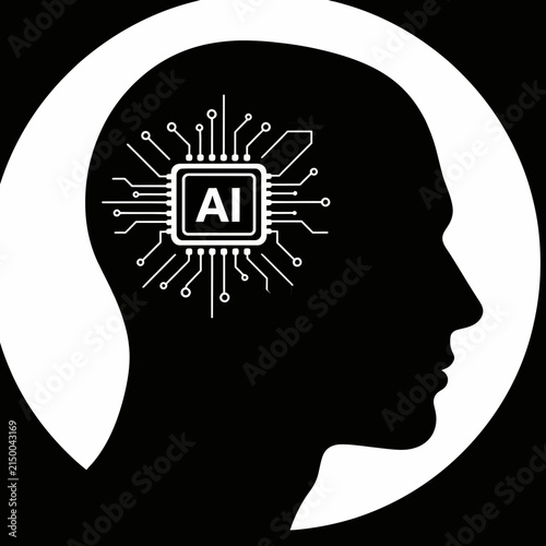 Human head silhouette with artificial intelligence circuit pattern white background