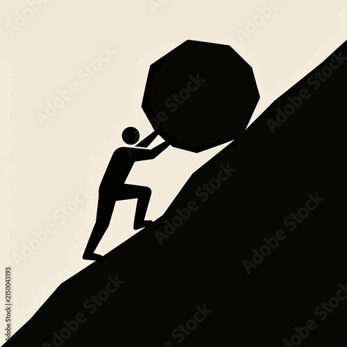 Silhouette of person pushing large rock uphill against beige background