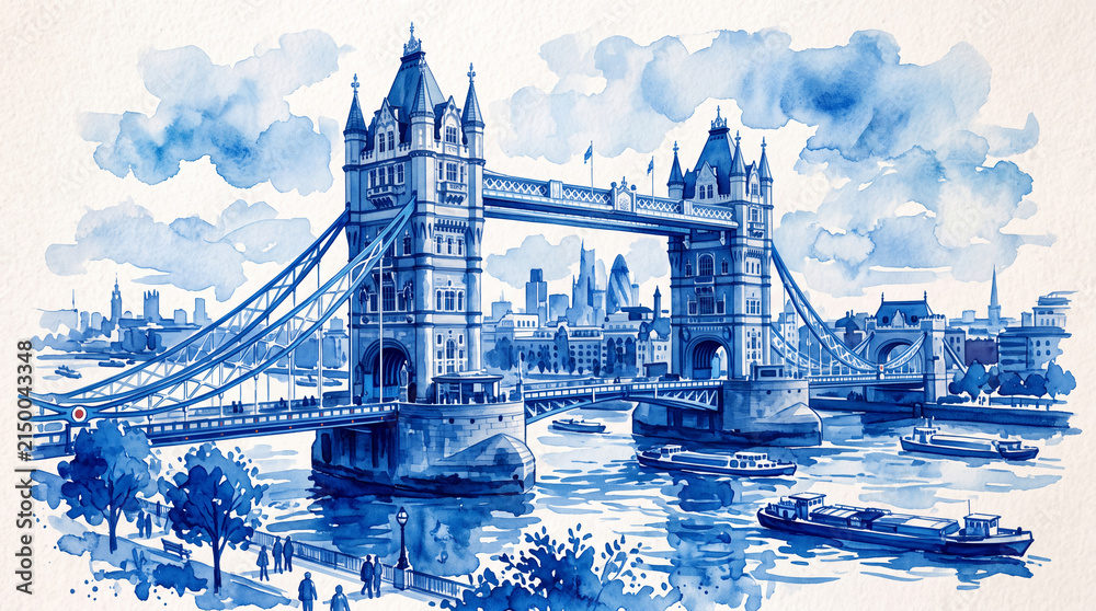 Obraz premium A watercolor painting of a city bridge with intricate architectural details under a cloudy sky