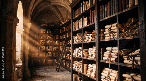 Ancient library filled with wooden shelves, scrolls, and books, bathed in warm sunlight streaming through a gothic archway