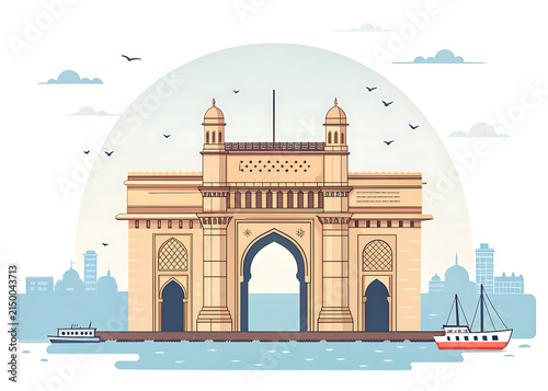 Gateway of India, Mumbai, historic basalt arch facing Arabian Sea, elegant Indo-Saracenic architecture, modern minimal flat vector illustration