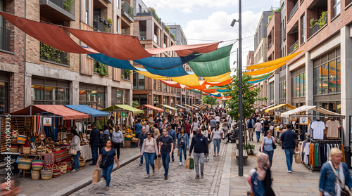 Bustling urban street market with colorful fabric canopies and diverse crowd of shoppers during daytime
