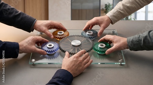 Business collaboration and teamwork concept showing diverse hands connecting colorful interlocking gears on a glass surface for strategic alignment