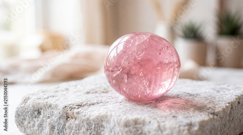 A translucent pink crystal orb placed on a textured stone surface, with soft natural light illuminating the scene and blurred plant elements in the