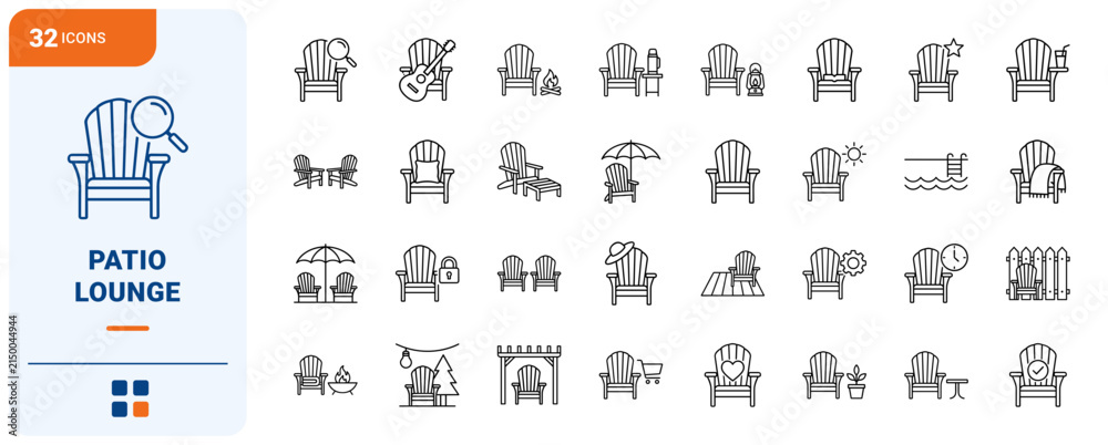 Fototapeta premium Adirondack Chair Patio Lounge Web Icon Set in Linear Style. Collection of Outdoor Furniture line icons, including slatted chair, patio umbrella, fire pit, side table, deck lounge, pool seat and more.