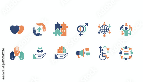Set of human rights and diversity icons representing gender equality global community collaboration and social inclusion.