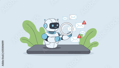 Automated artificial intelligence security robot scanning incoming emails for potential spam, malware, and risk.