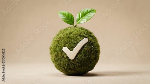 Ecofriendly concept featuring a mossy sphere with a checkmark and green leaves, symbolizing sustainability, environmental approval, and green energy