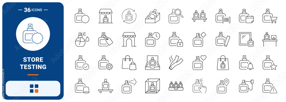Fototapeta premium Tester Bottle In Store Testing Web Icon Set in Linear Style. Collection of Perfume Sampling line icons, including spray tester, fragrance mist, counter display, scent strip, store shelf and more.
