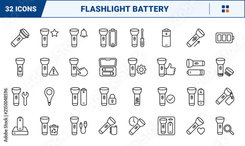 Flashlight Battery Change Web Icon Set in Linear Style. Collection of Torch Maintenance line icons, including battery replacement, cap unscrewing, polarity orientation, power cell and more.
