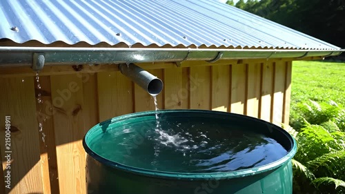 Rainwater harvesting barrel collecting water from a roof gutter.