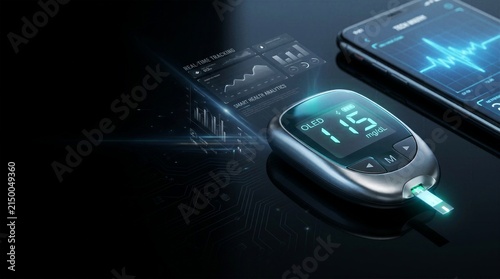 Smart digital blood glucose meter with glowing screen and smartphone displaying holographic analytics.