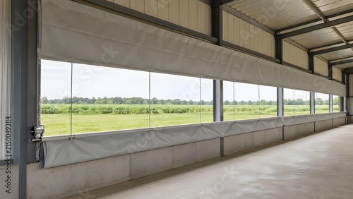 Interior view of empty agricultural barn with open ventilation curtains with interior large agricultural building open curtains with construction