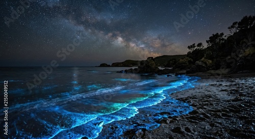 Bioluminescent Shoreline Under Starry Night Sky