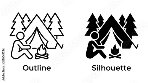 Foto Camping Scene: A person sitting by a campfire next to a tent with pine trees in the background, presented in both outline and silhouette versions